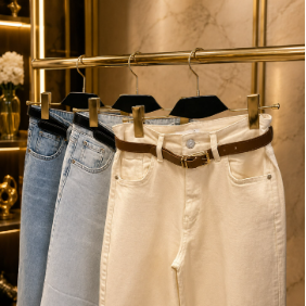 Denim jeans on a gold rack