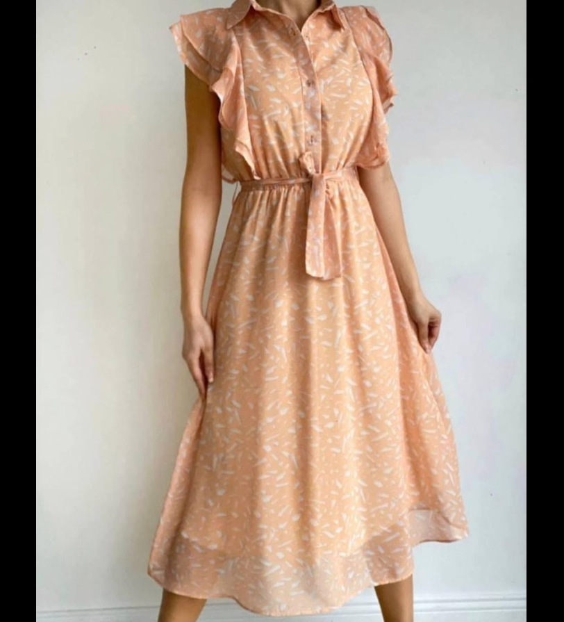 Peach ruffle-sleeve midi dress